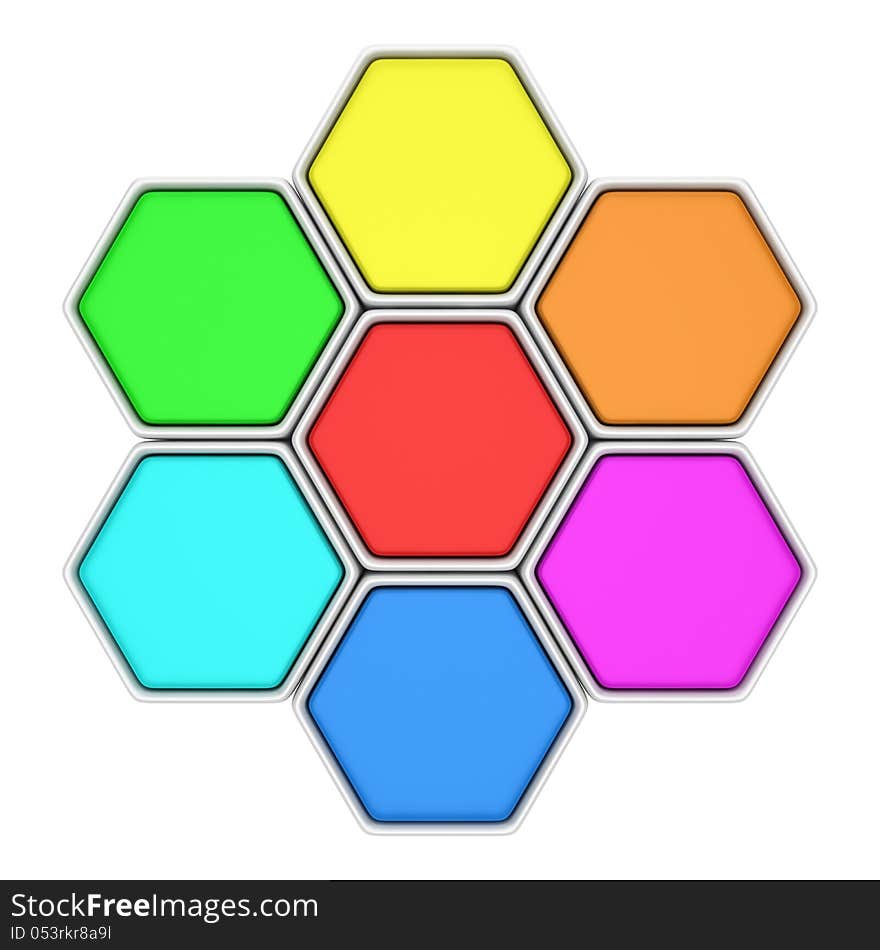 Group of six hexagons with copy space for text connected like a honeycomb. Group of six hexagons with copy space for text connected like a honeycomb