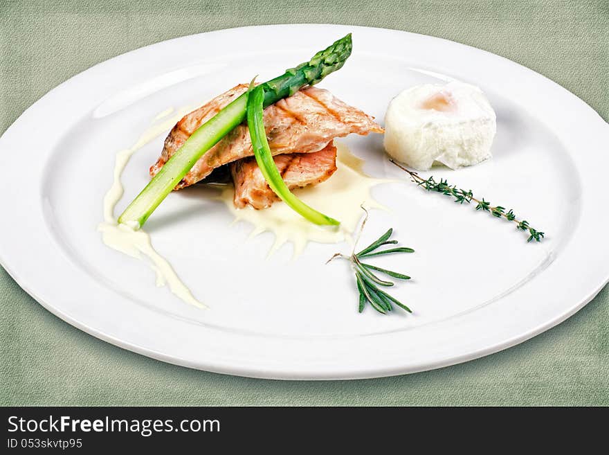 Restaurant dish consisting of fish and eggs with herbs. Restaurant dish consisting of fish and eggs with herbs