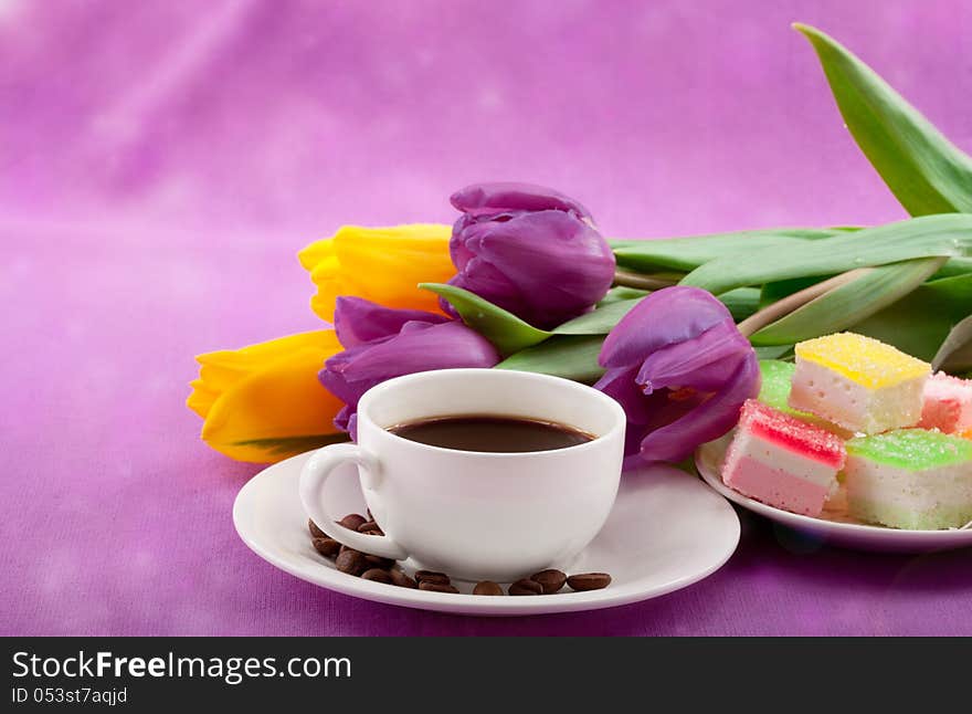 Flowers, coffee and sweets.