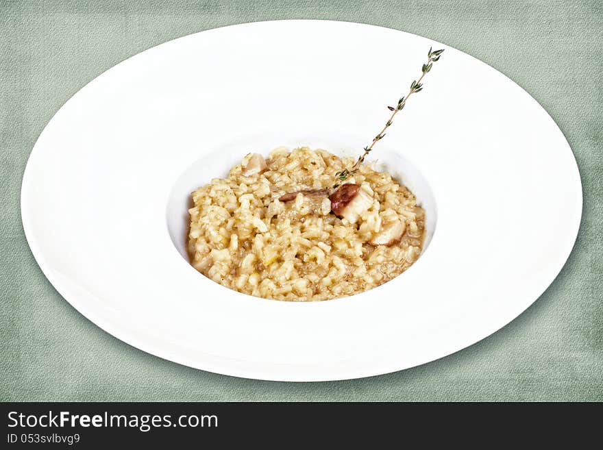 Restaurant dish consisting of rice with mushrooms and herbs. Restaurant dish consisting of rice with mushrooms and herbs