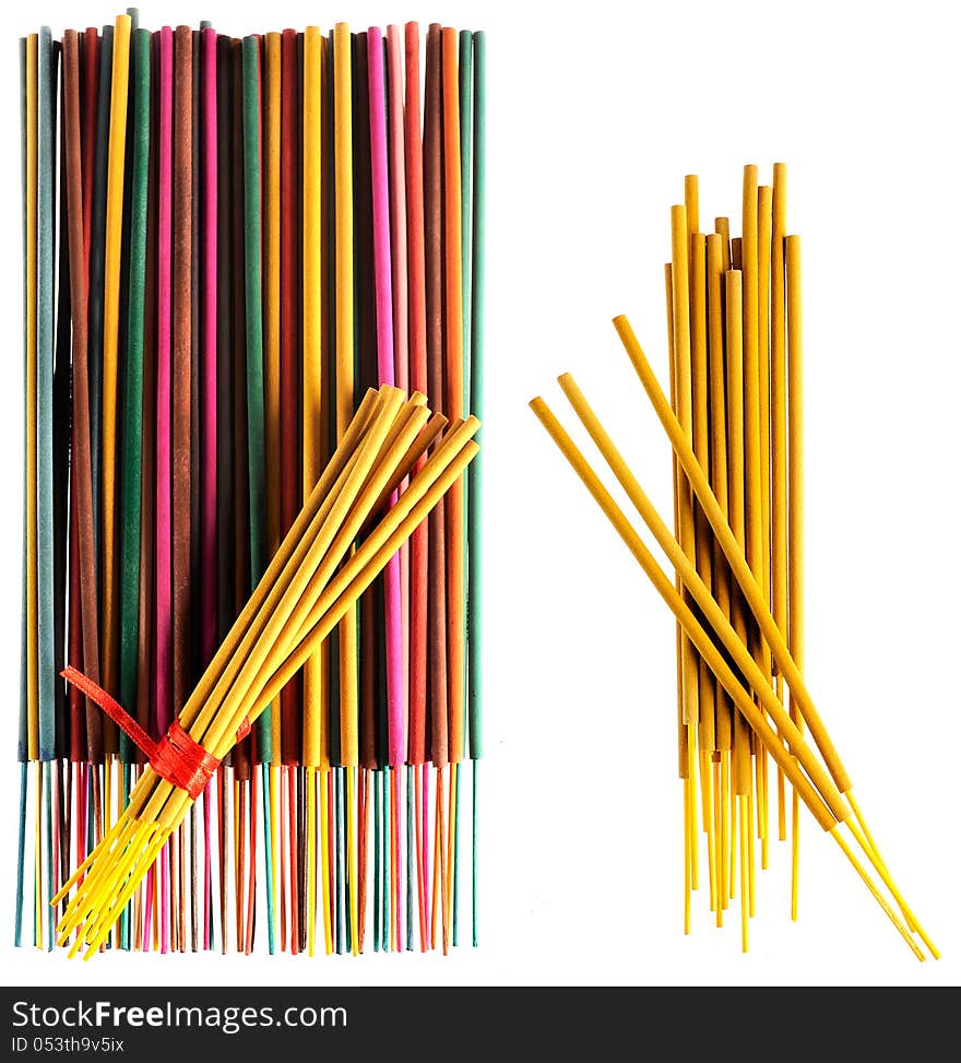 Colorful incense sticks groups and singles