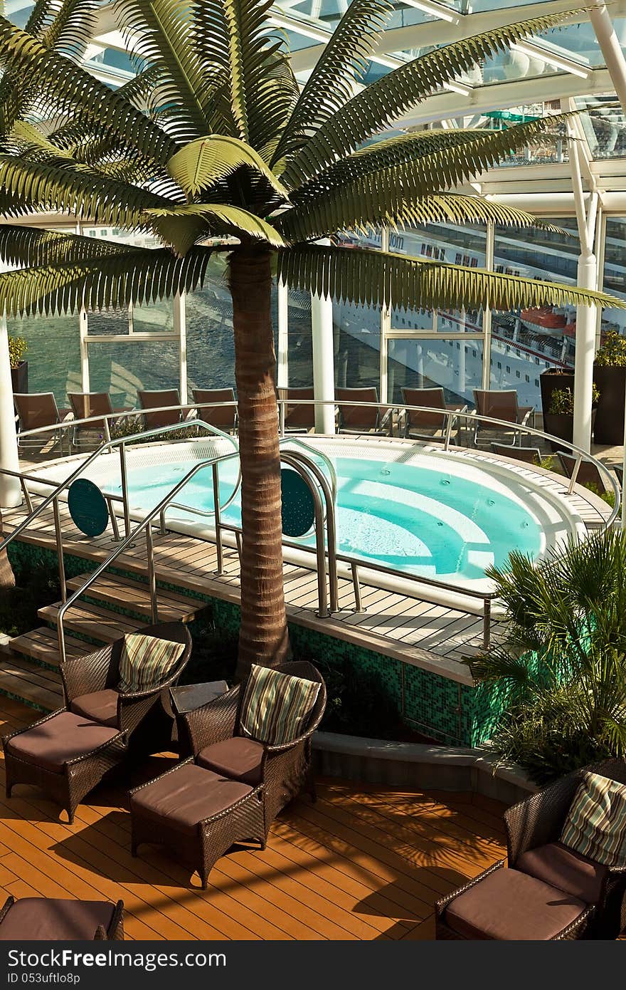 Hot Tub in a solarium with a tropical setting