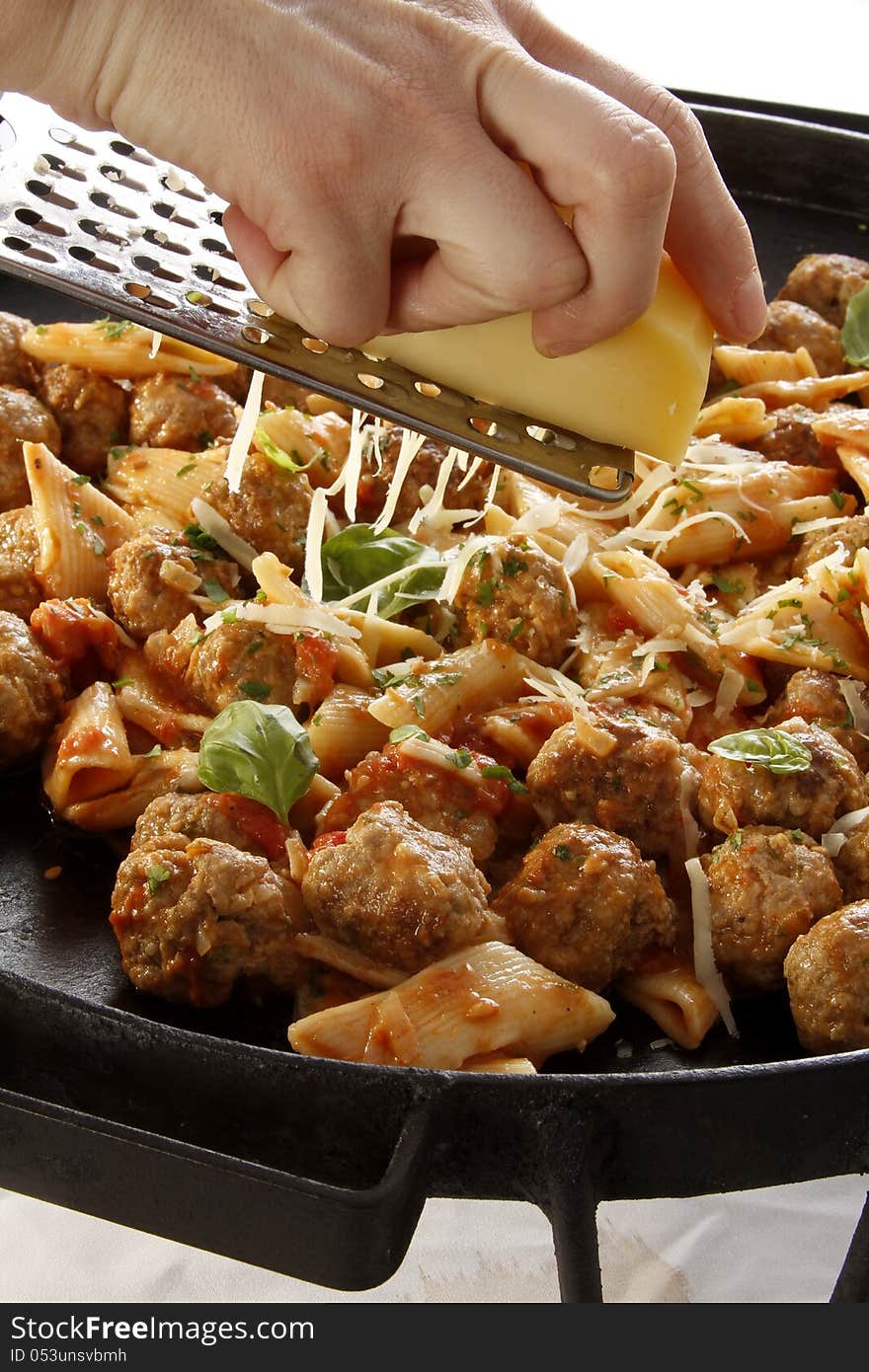 Meatballs and penne rigatte