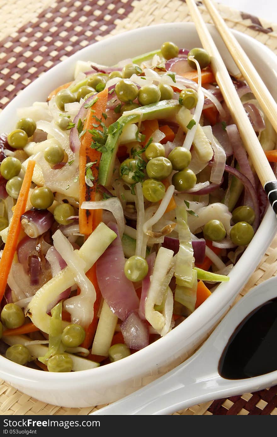 Veggie salad, oriental style, with chopsticks. Veggie salad, oriental style, with chopsticks
