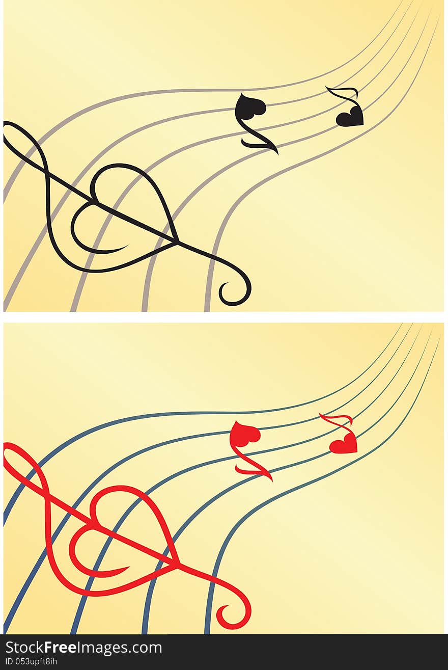 Two pictures of hearts notes and treble clef. Two pictures of hearts notes and treble clef