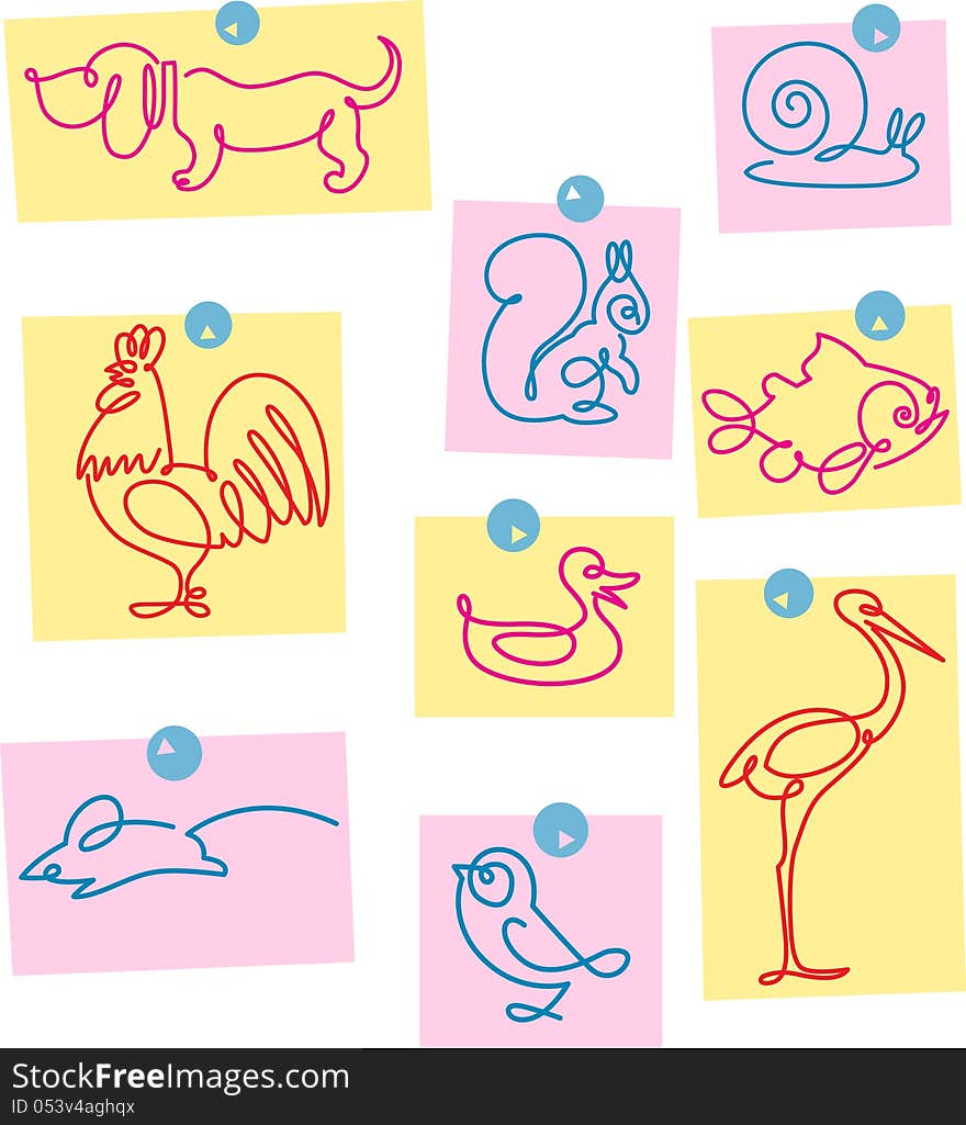 On separate sheets of paper shows some animals made one stroke outline. Illustration done in cartoon style on separate layers. On separate sheets of paper shows some animals made one stroke outline. Illustration done in cartoon style on separate layers.