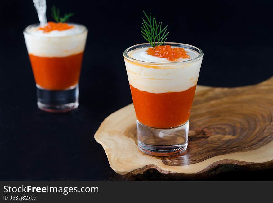 Appetizer Of Sweet Pepper, Cream And Red Caviar In A Glass Goble