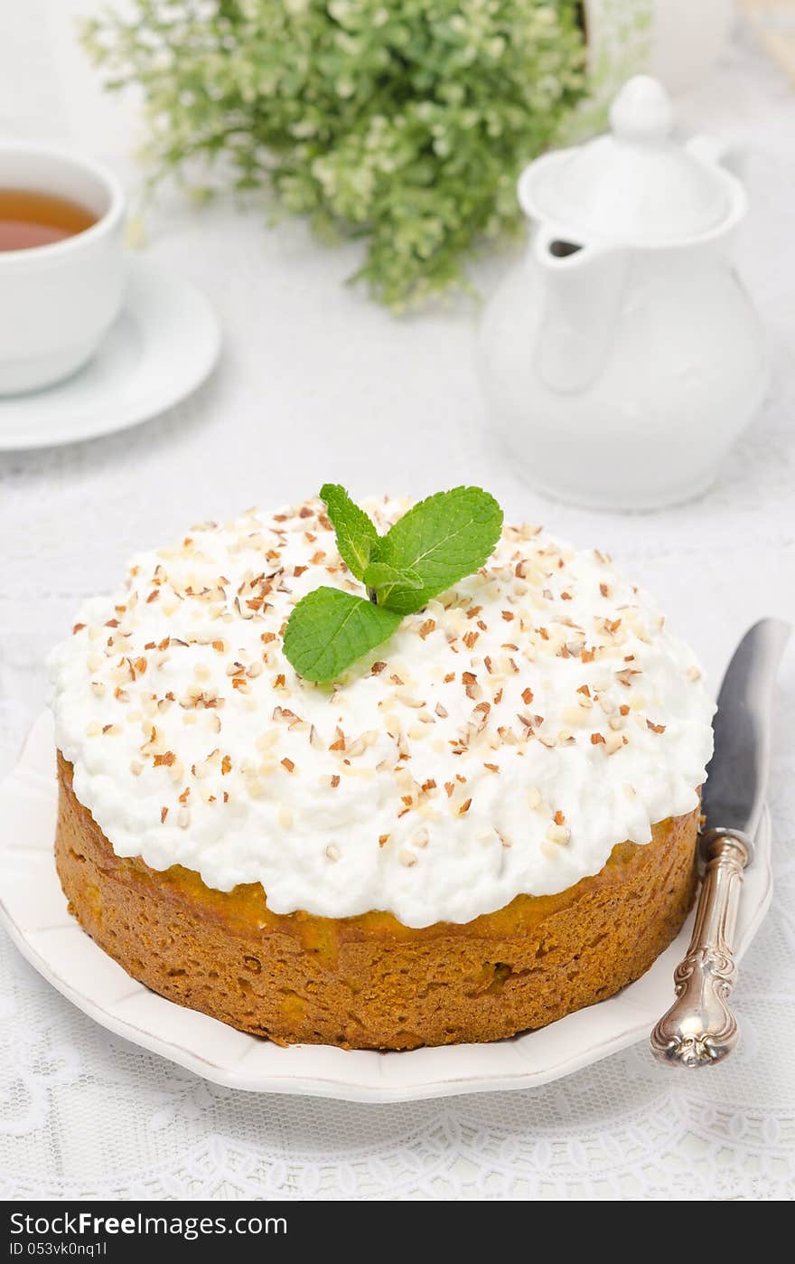 Pumpkin Cake With Cream And Mint