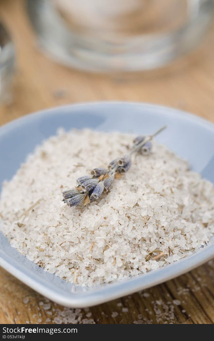 Sea â€‹â€‹salt With Lavender On Wooden Table Closeup