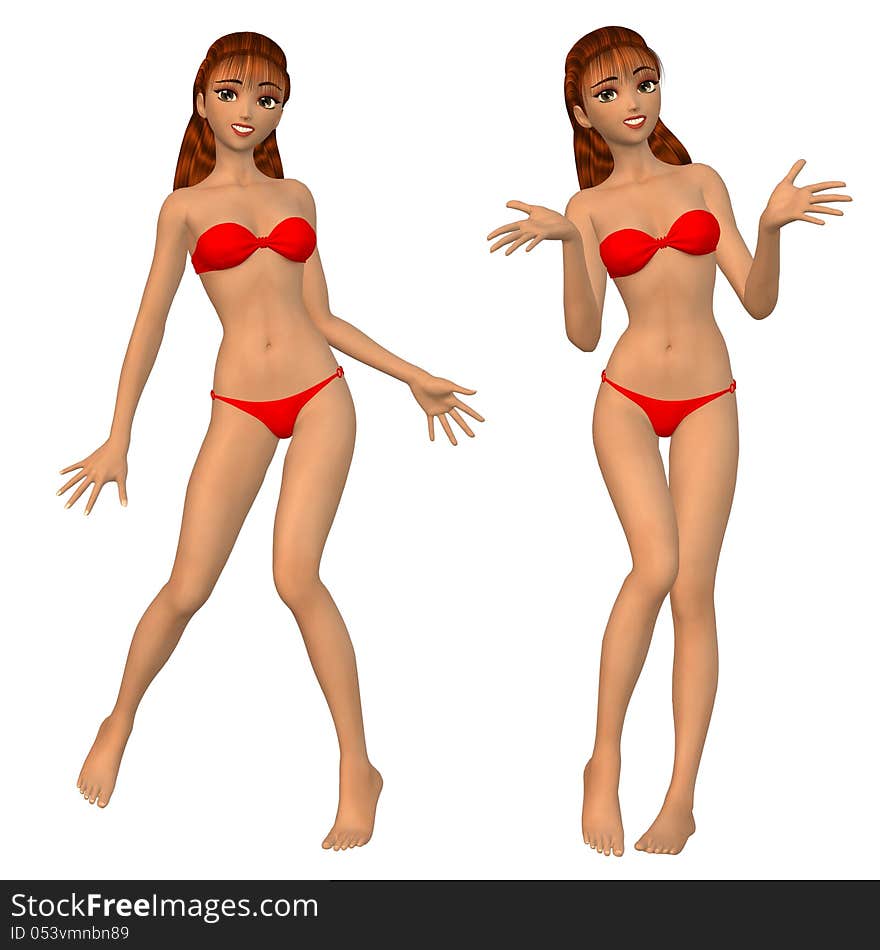 Digital render of a cartoon woman in red bikini on white background. Digital render of a cartoon woman in red bikini on white background.