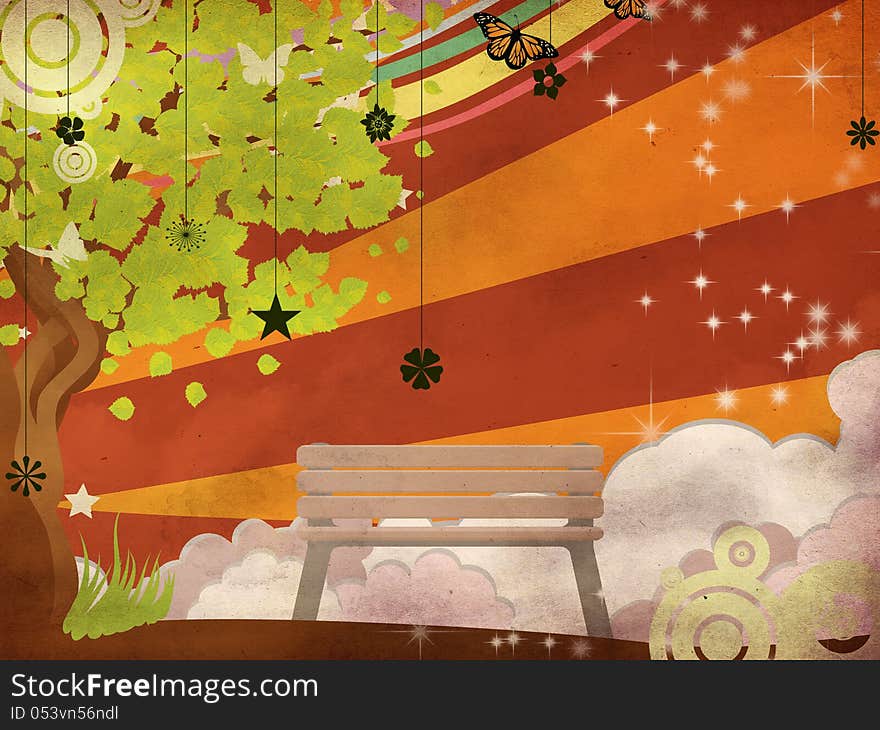 Illustration of summer tree with green leaves and bench on grunge background. Illustration of summer tree with green leaves and bench on grunge background.