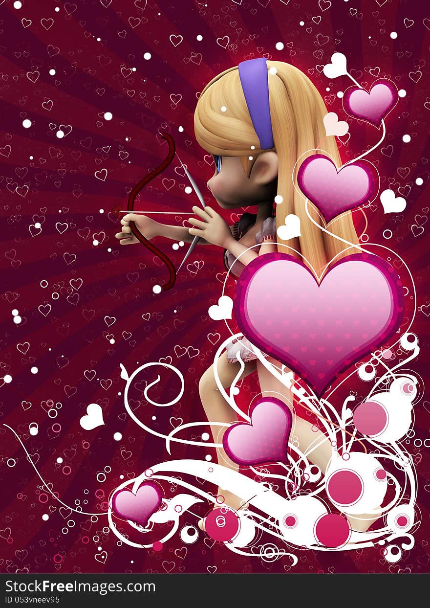 Illustration of pink hearts with flourish and cupid girl, vanetine background. Illustration of pink hearts with flourish and cupid girl, vanetine background.