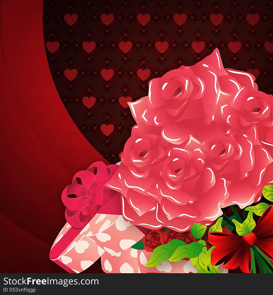 Illustration of Valentine's day greeting card with gift box and roses. Illustration of Valentine's day greeting card with gift box and roses.