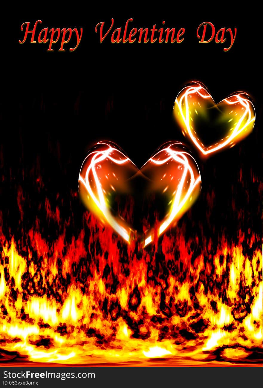 Two loving hearts, burning in the flames of love as Valentine card