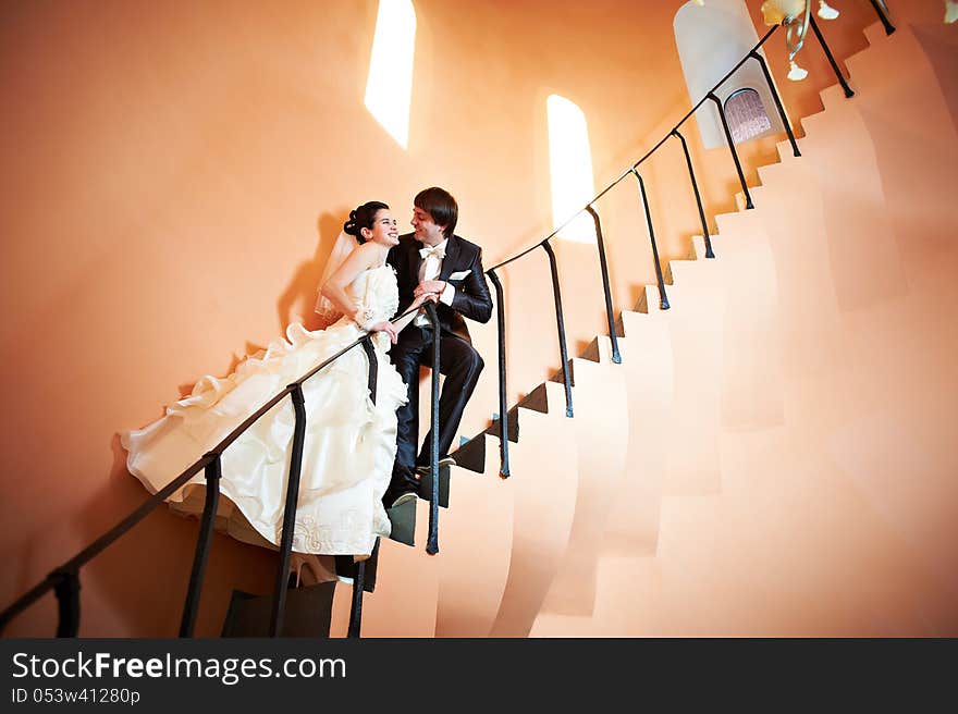 Happy Bride And Groom On Ladder