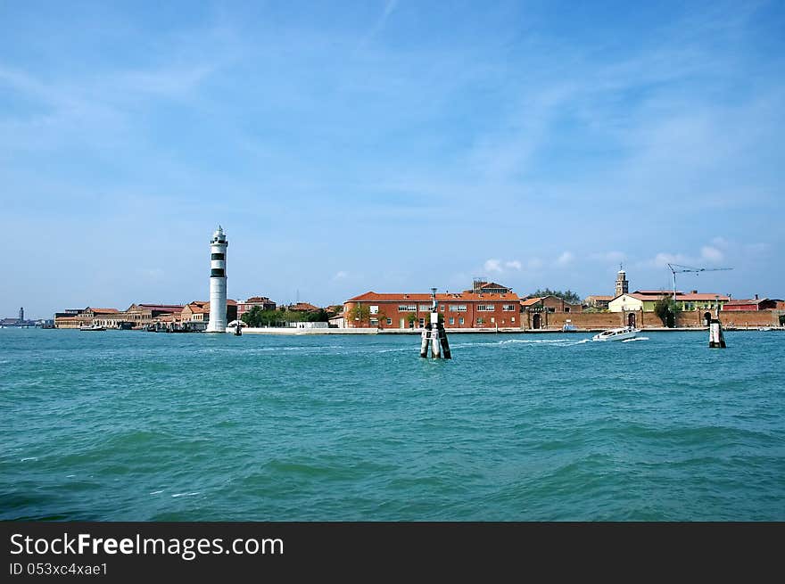 Murano island white lighthouse, Venice, Italy