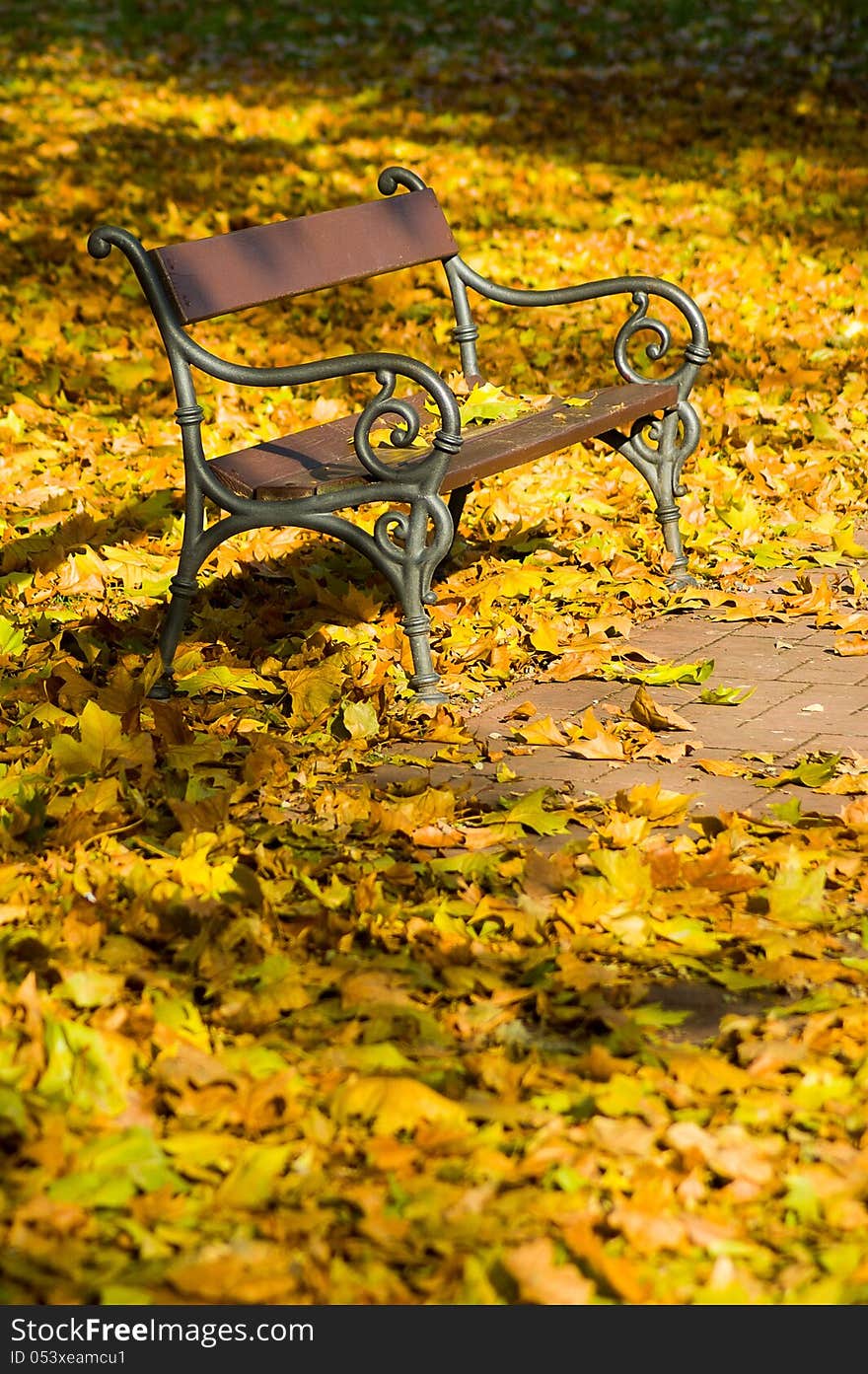 Bench hidden in pile of autumn leaves