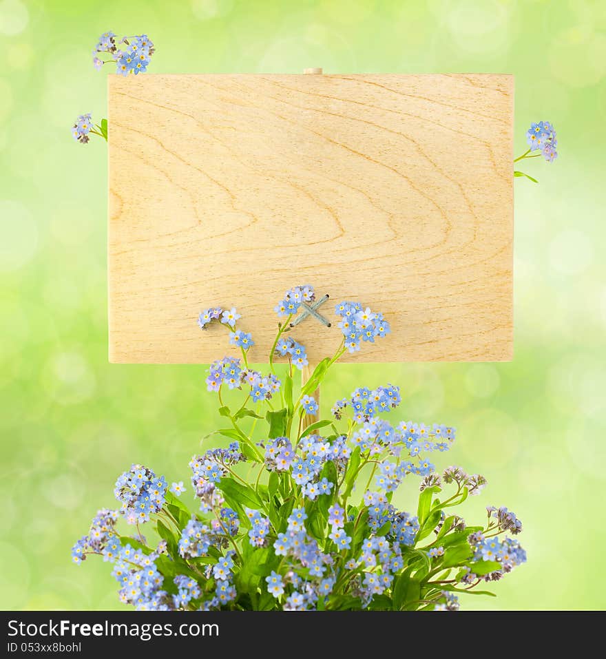 Wood Sign with Flowers / empty board for your text /  on light-green background