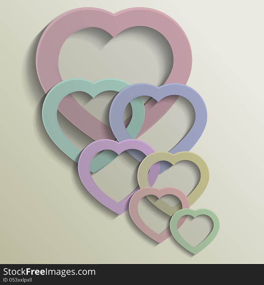 Seven multi-colored hearts on beige background. Seven multi-colored hearts on beige background