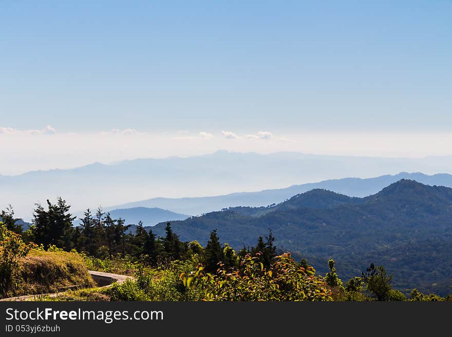 Mountain range and mist