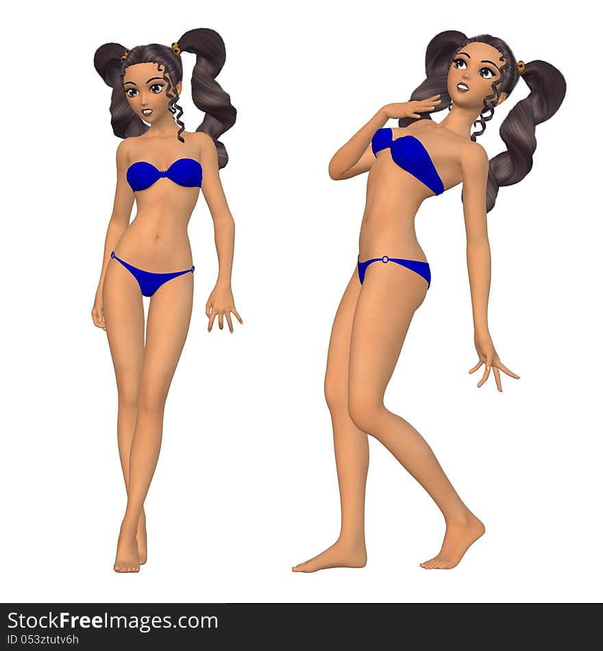 Digital render of a cartoon woman in blue bikini on white background. Digital render of a cartoon woman in blue bikini on white background.