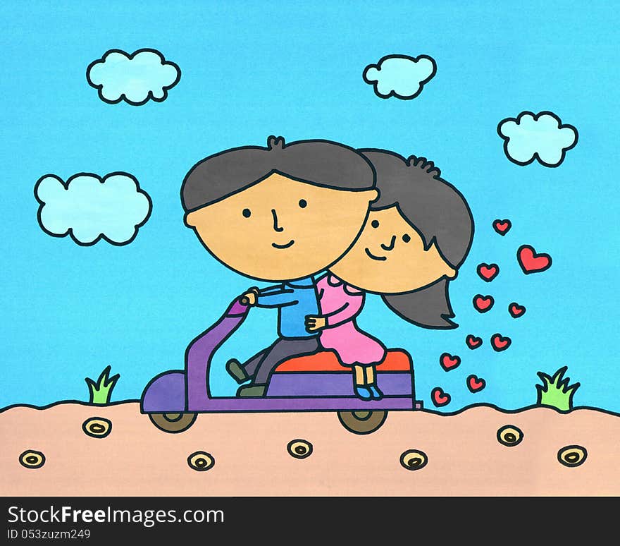 A young man driving a scooter and accompanied by his girlfriend. A young man driving a scooter and accompanied by his girlfriend