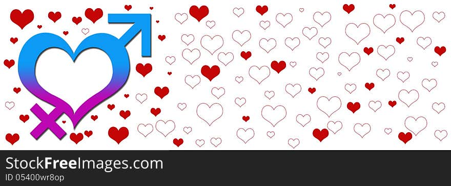 Banner image with blue pink heart symbol with male and female gender symbols. Banner image with blue pink heart symbol with male and female gender symbols