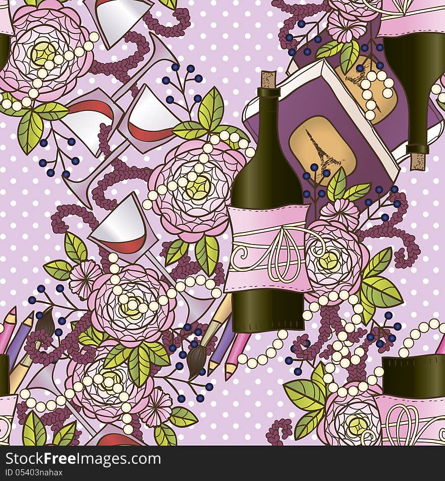 Vector romantic seamless background with wine and flowers. Vector romantic seamless background with wine and flowers