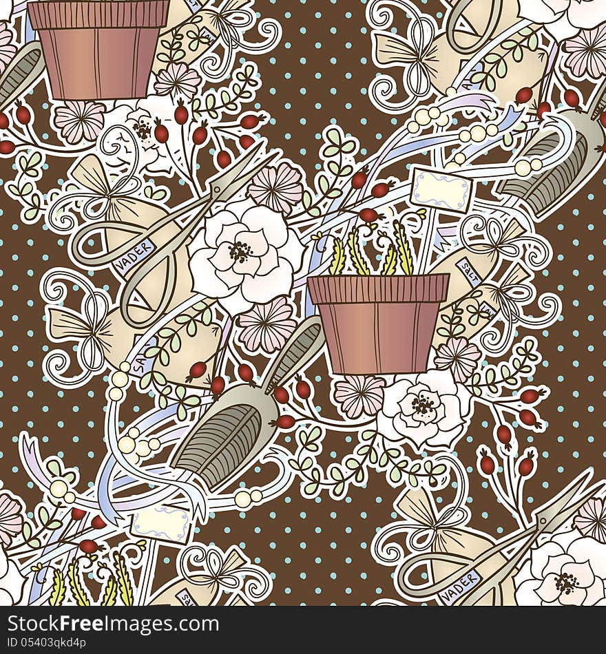 Vector seamless background with symbols of gardening. Vector seamless background with symbols of gardening