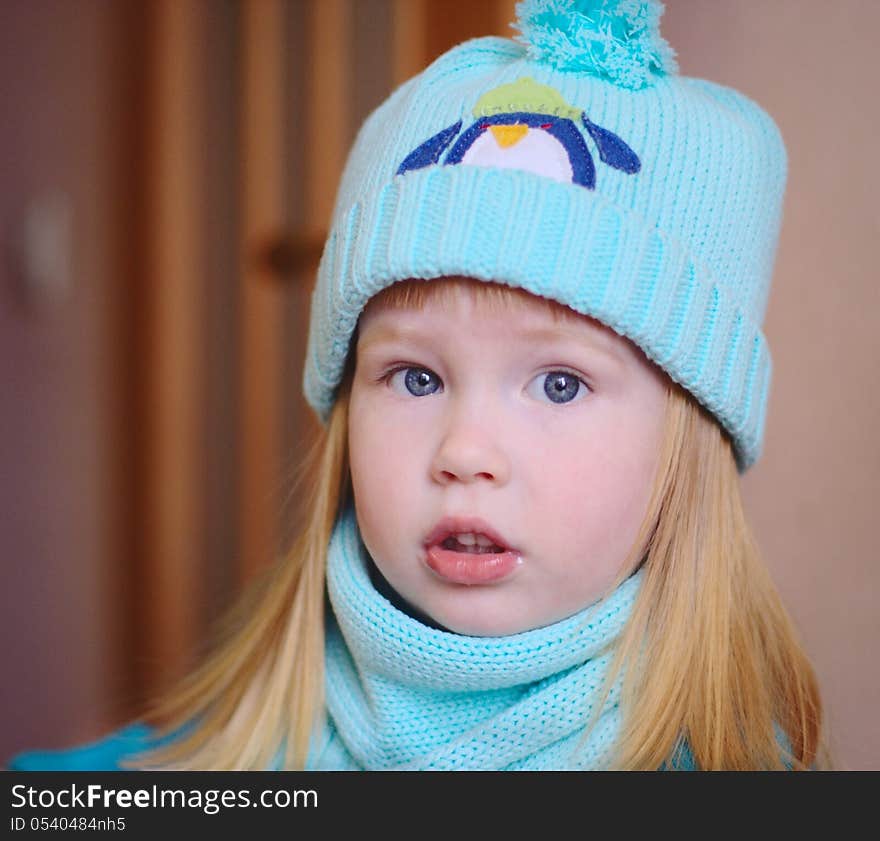 Portrait of Cute girl in blue hat. Portrait of Cute girl in blue hat