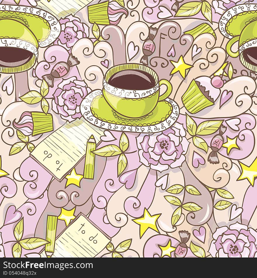 Vector bright pink seamless background with coffee and flowers. Vector bright pink seamless background with coffee and flowers