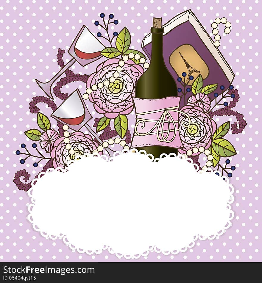 Vector romantic background with wine and flowers. Vector romantic background with wine and flowers