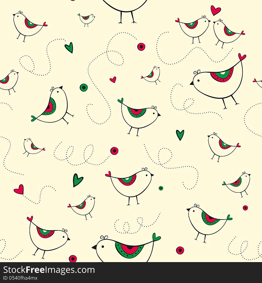 Seamless pattern with birds and hearts