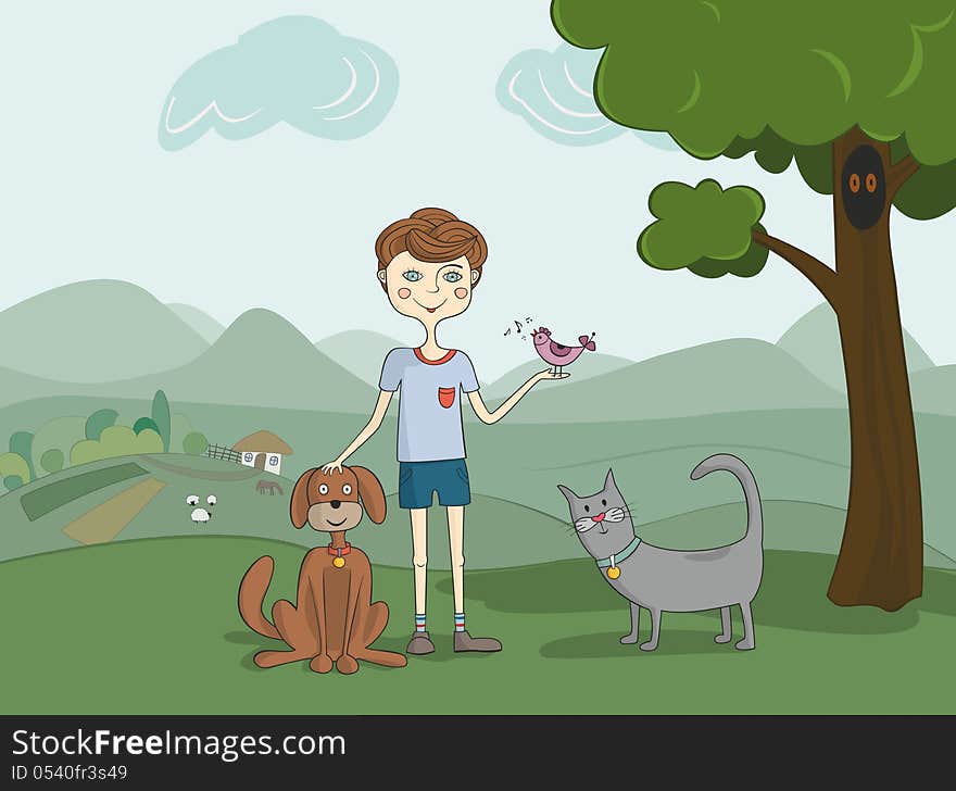 Illustration of boy with pets