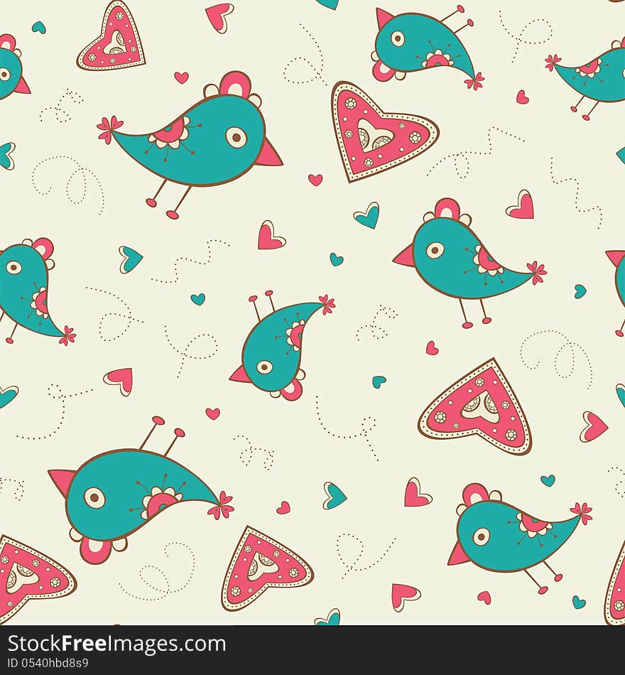 Seamless Pattern With Birds And Hearts