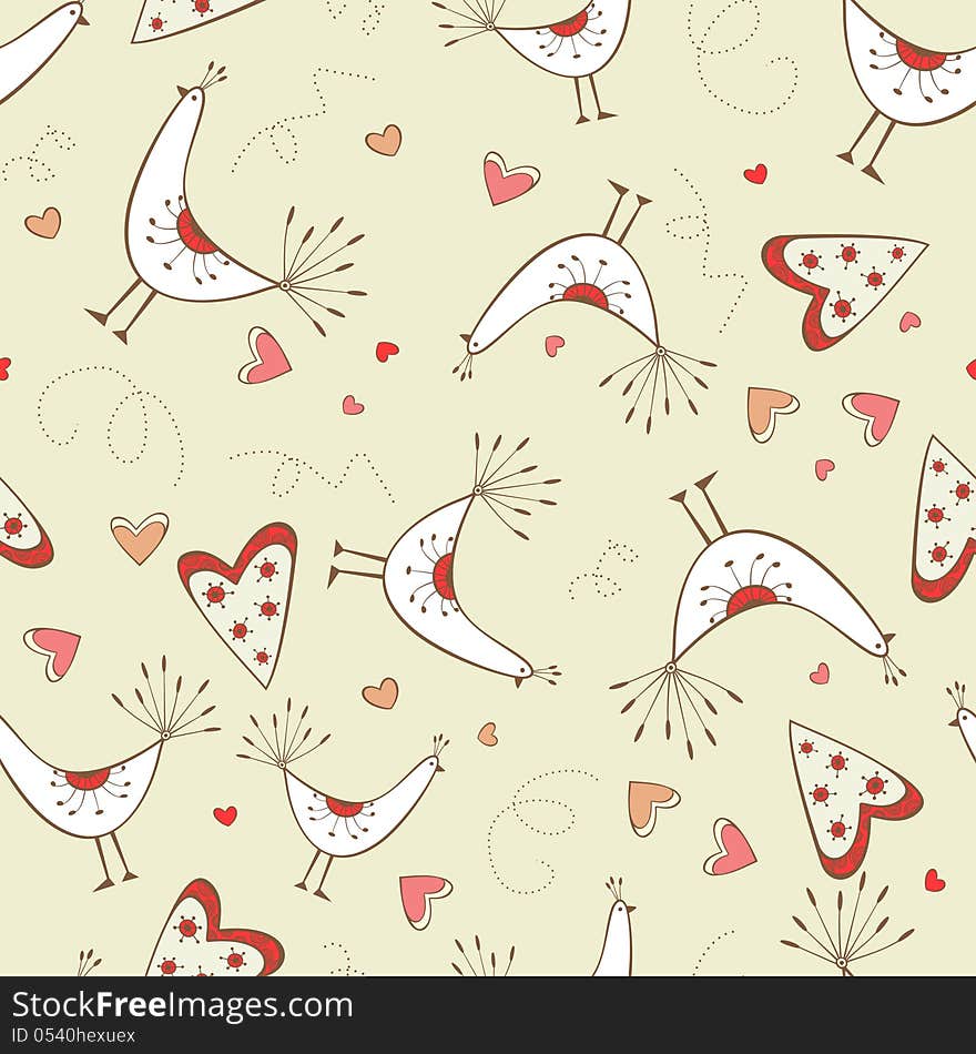 Seamless Pattern With Birds And Hearts