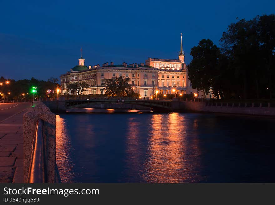 Night view of the Mikhaylovsky lock and Fontanka River Embankment in  St. Petersburg, Russia. Night view of the Mikhaylovsky lock and Fontanka River Embankment in  St. Petersburg, Russia