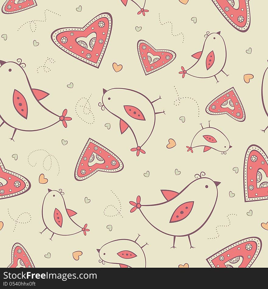 Seamless Pattern With Birds And Hearts