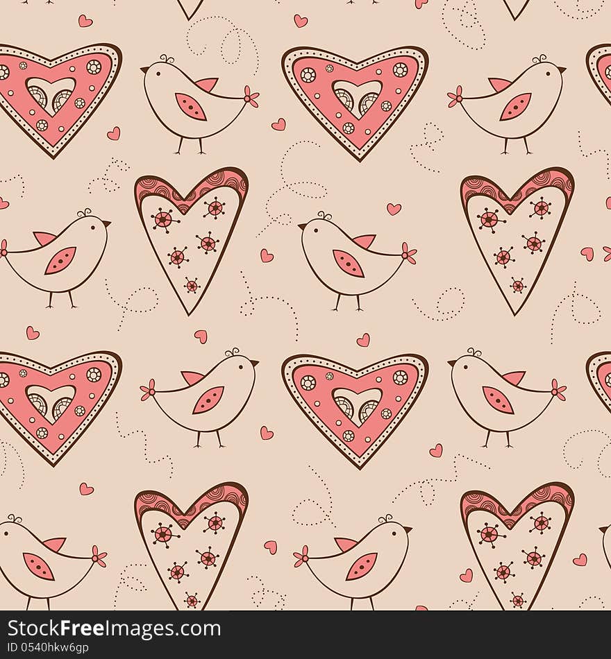 Seamless pattern with birds and hearts horizontal position