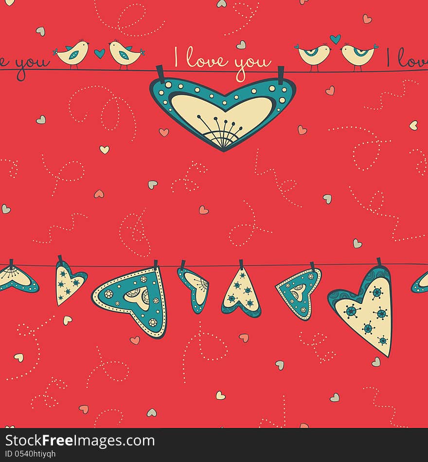 Seamless pattern with birds in love and hearts on the red background