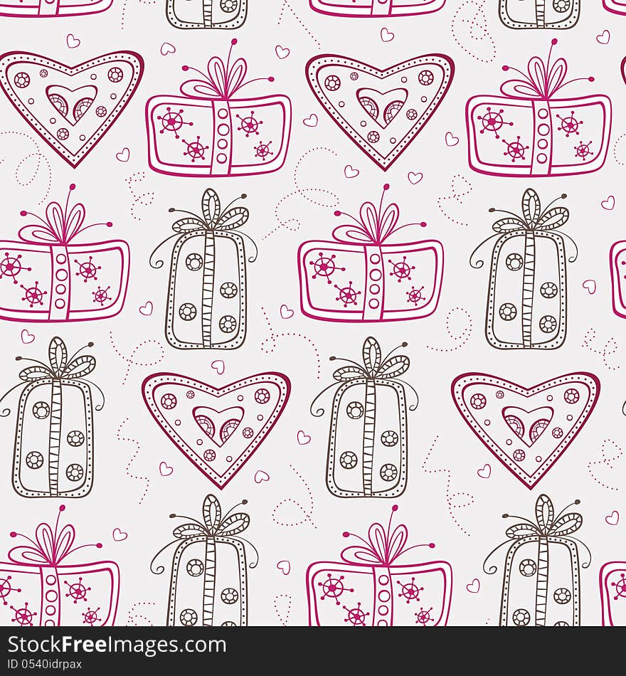 Seamless pattern with gifts and hearts on the light grey background