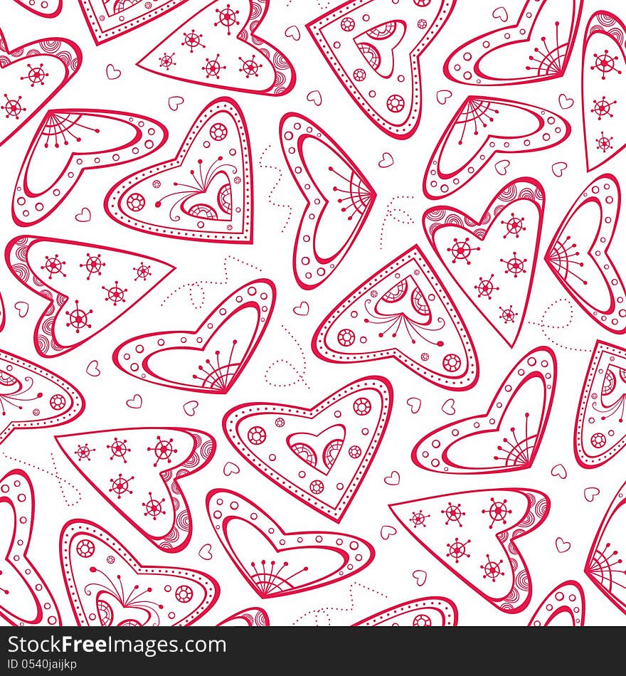 Seamless pattern with red hearts on the white background