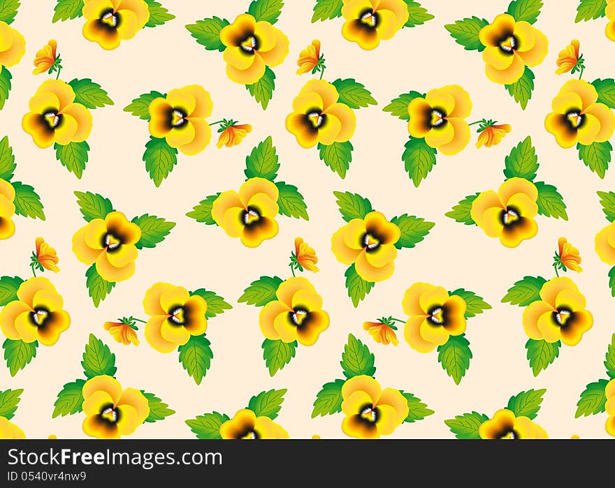 Seamless pattern with pansies yellow flowers, vector drawing. Seamless pattern with pansies yellow flowers, vector drawing.