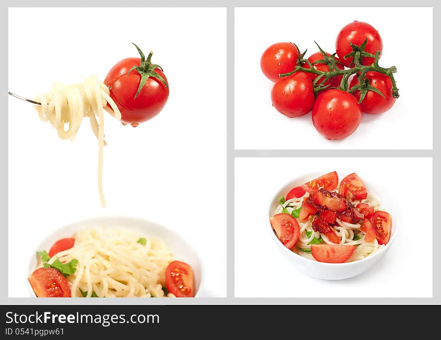 Set with cherry tomatoes and spaghetti on white background