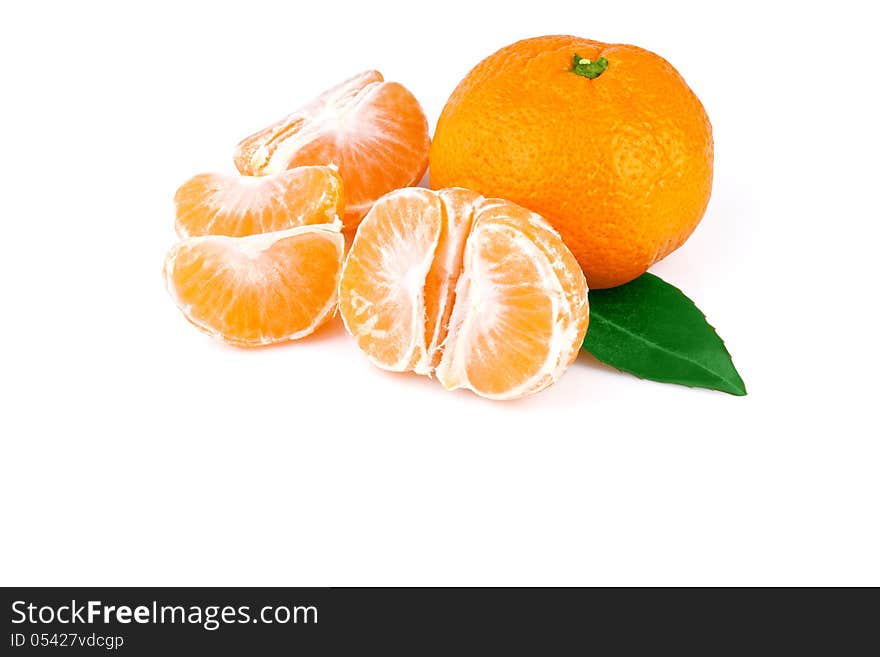 tangerine with leaf,  on white background