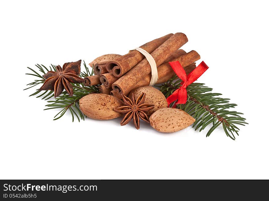 Christmas decoration with fragrant spices on white. Christmas decoration with fragrant spices on white