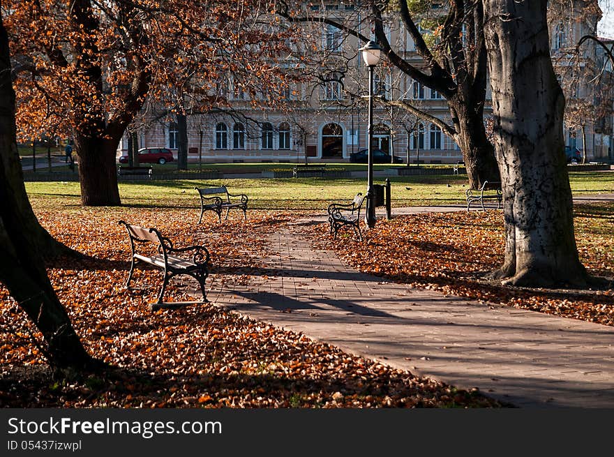 Autumn park with benches and lamps