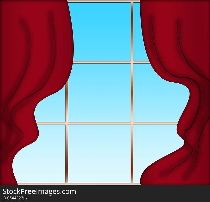 Red curtains and window