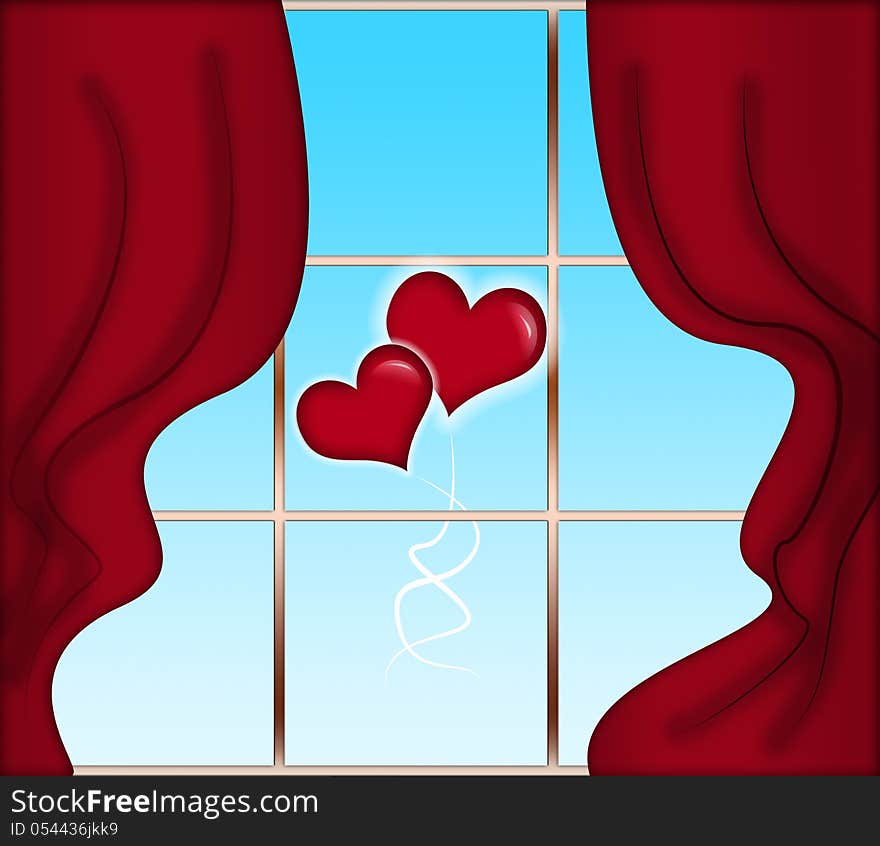 Red curtains and heart-shaped baloons