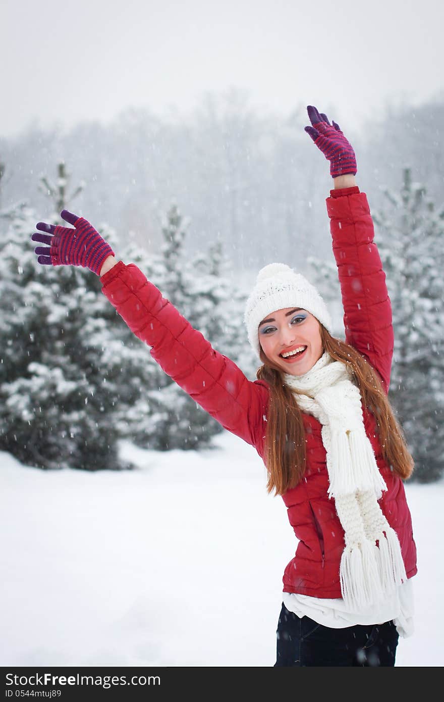 Portrait of a beautiful young woman lifted her hands up. concept of freedom. Closeup.